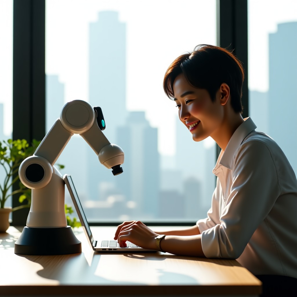 A professional workspace where a Korean office worker is smiling while looking at a small robotic arm on the desk. The robot arm has friendly eyes on its screen. High-end office interior, sunny window in the background. 4:3