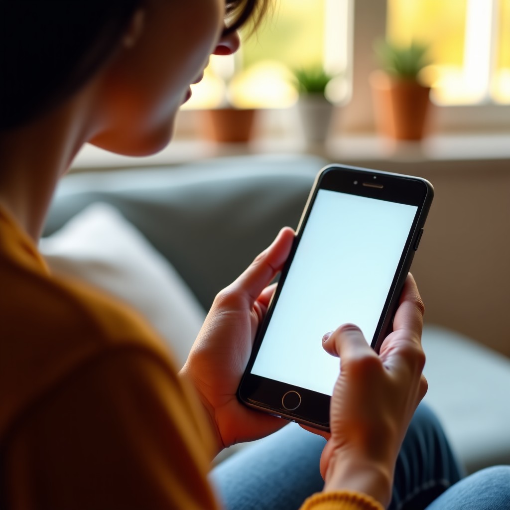 A person looking at a shopping app on a mobile device, warm natural light, soft focus, high quality lifestyle photography, 4:3