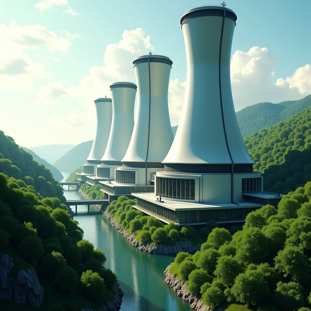 A sustainable futuristic power plant integrated with a data center, featuring large cooling towers and green energy elements, cinematic wide shot, 4:3