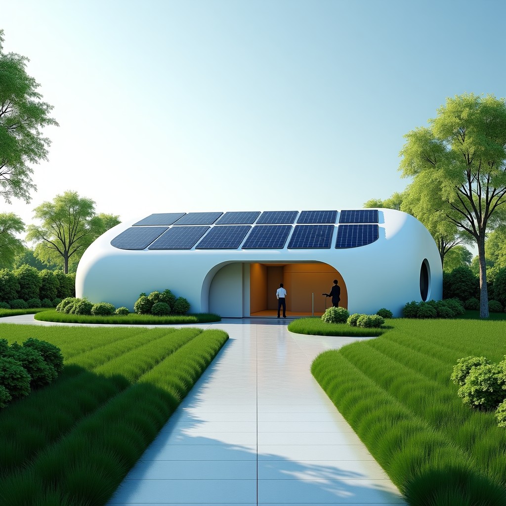 A futuristic and sustainable datacentre facility integrated with green nature, solar panels on the roof, clean architectural design, bright daylight, 16:9 aspect ratio.