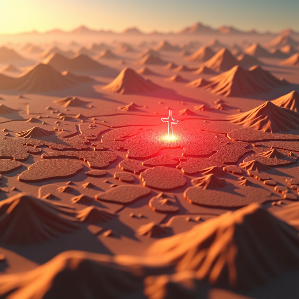 A high-tech digital interface showing a 3D topographic map of a desert city with red target markers and data streams, sophisticated military software aesthetic, 4:3