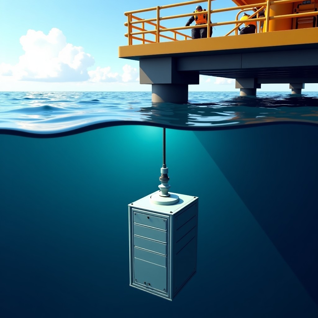 A high-tech waterproof server capsule being lowered into deep blue ocean water from a floating platform, industrial equipment, realistic photography, 4:3