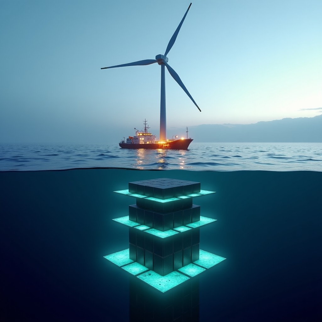 A futuristic floating offshore wind turbine integrated with submerged data center modules in the Norwegian sea, high-tech cinematic lighting, realistic style, 4:3