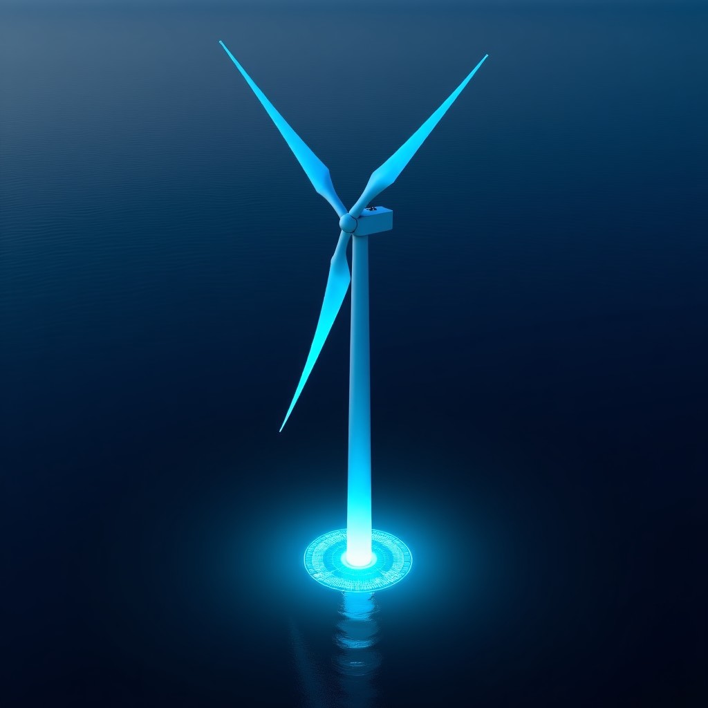 Aerial view of an offshore wind turbine at night with glowing blue lights indicating active data processing modules beneath the water, 4:3