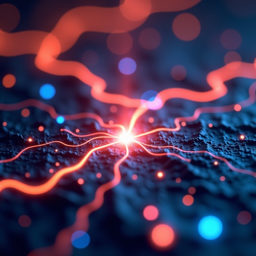 Abstract representation of digital connection and human interaction, soft focus, neon and warm ambient lights, high quality photography, 4:3