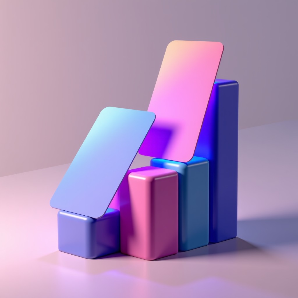 A conceptual 3D rendering of app store ranking cards, one card rising to the top with a purple glow while another falls, professional financial news style, vibrant colors, 4:3