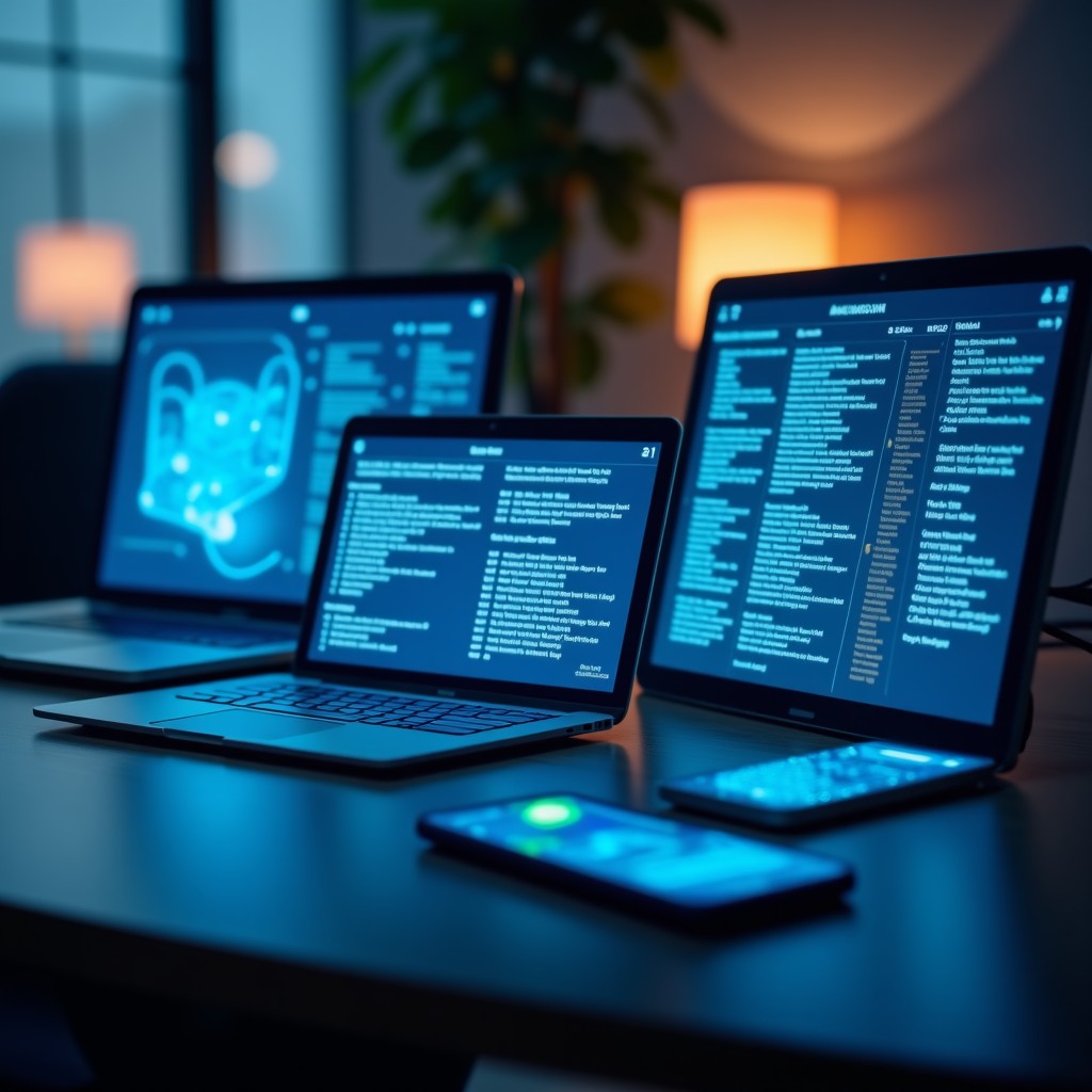 a high tech digital communication concept showing secure network connections between multiple devices on a desk, soft ambient lighting, professional atmosphere, no text, 4:3