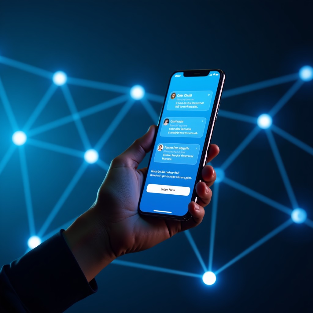 A professional digital environment with a modern smartphone displaying a secure chat interface, dark blue background with abstract glowing nodes representing network security, high-tech atmosphere, 4:3.