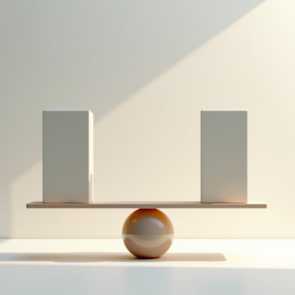 A concept art showing a balance scale with privacy on one side and safety on the other, modern minimalist style, soft studio lighting, professional and calm aesthetic, 4:3.
