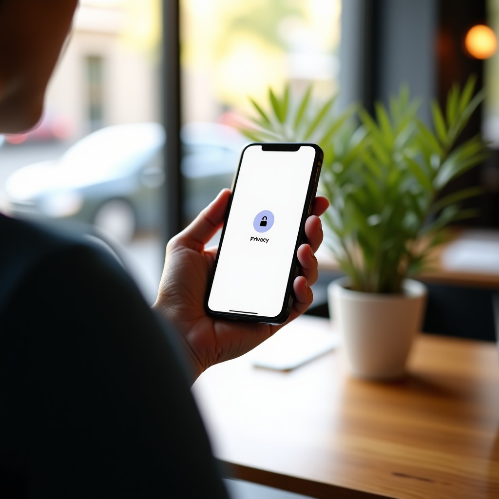 A lifestyle photograph of a person holding a minimalist smartphone in a bright modern cafe. The screen shows a clean interface with privacy lock icons. Soft natural sunlight. 1:1