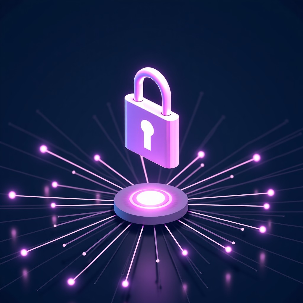 A futuristic lock symbol floating above a network of nodes, representing security and protection, abstract illustration, 4:3
