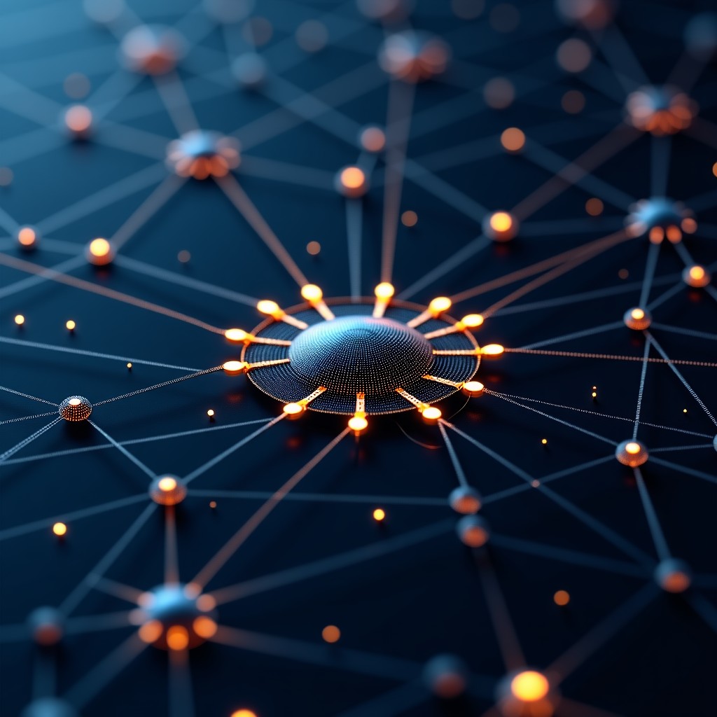 A complex abstract digital network representing military AI systems and data nodes, high contrast, dark blue and gold aesthetic, photorealistic, 4:3