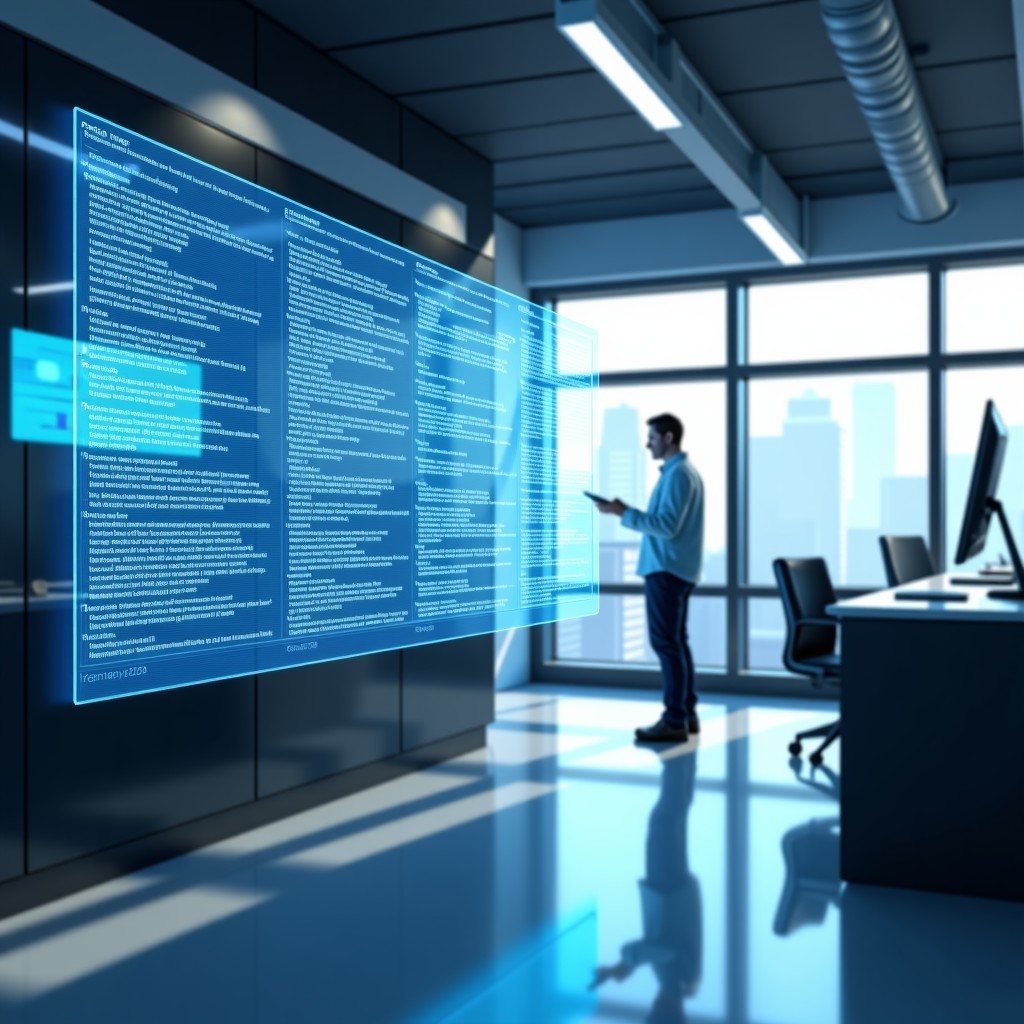 A modern AI research laboratory with multiple holographic screens showing complex data and code, clean interior design, natural sunlight coming through windows, 4:3