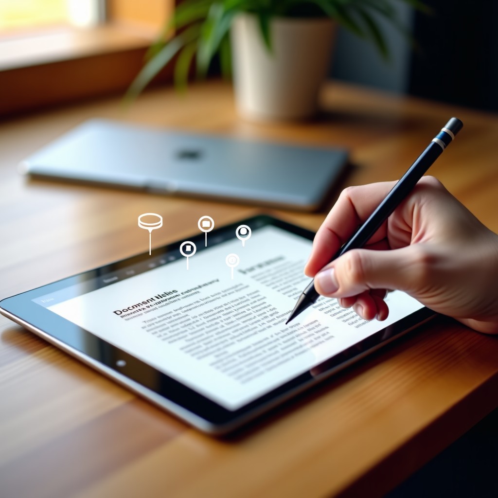 A high-quality photo of a wooden desk with a tablet displaying a clean document analysis interface. Symbols of magnifying glasses and summary icons float subtly above the screen. A hand is holding a stylus, pointing at a highlighted section of the text. Warm lighting, minimalist background. 4:3