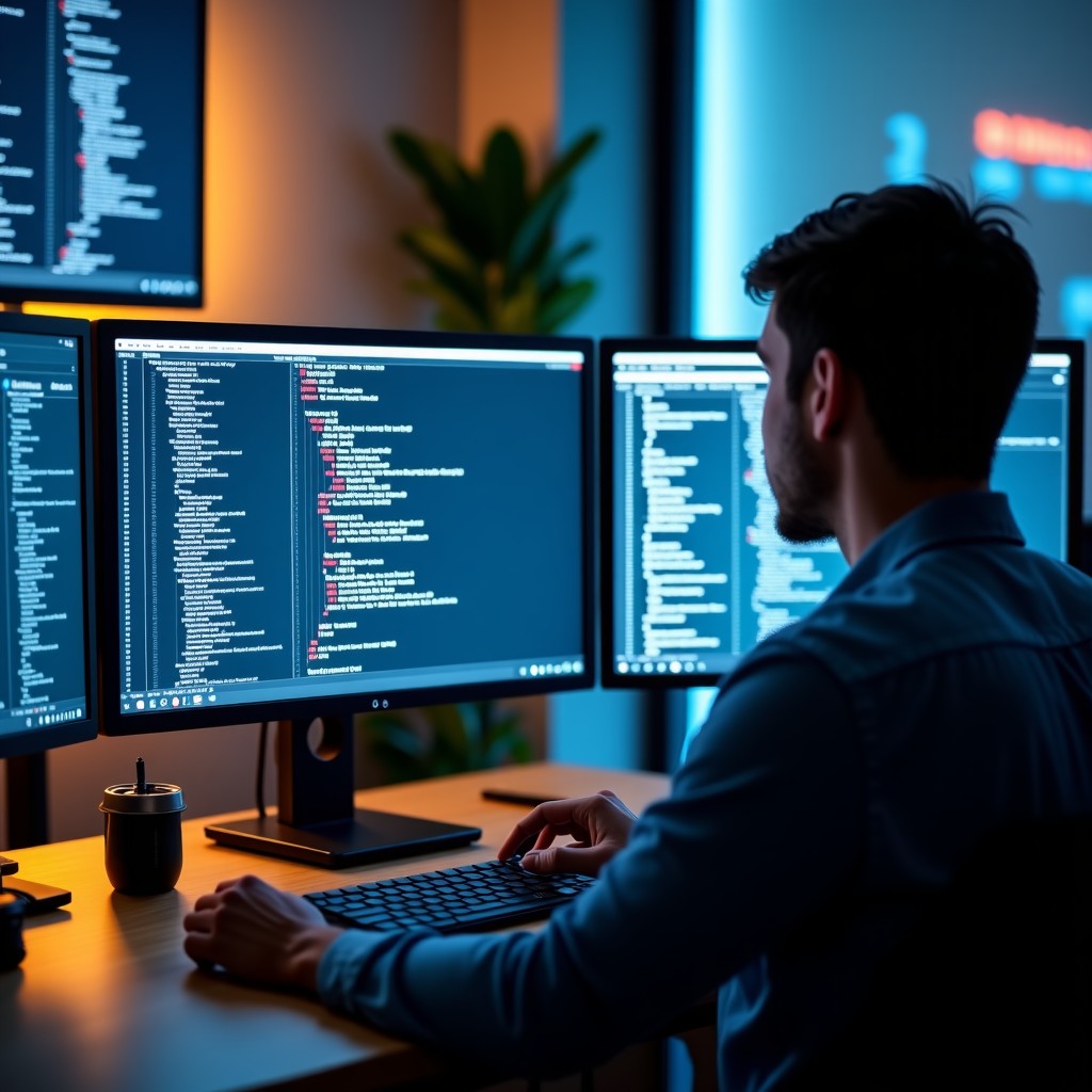 A professional workspace with a computer showing complex code and spreadsheets, cinematic lighting, realistic style, 4:3