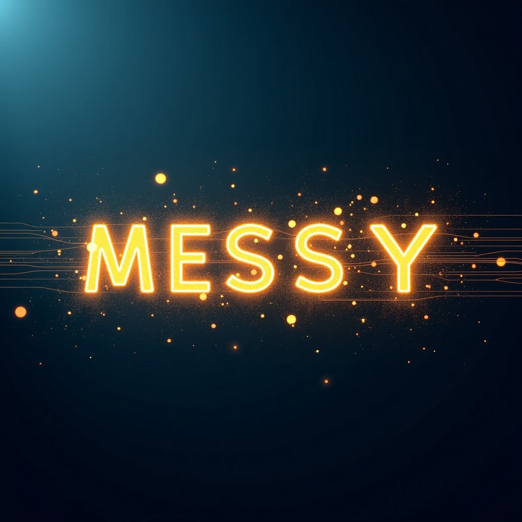 Abstract digital visualization of messy text floating in the air being filtered into clean and direct lines of light, dark blue and gold color palette, futuristic and high-tech atmosphere, 4:3