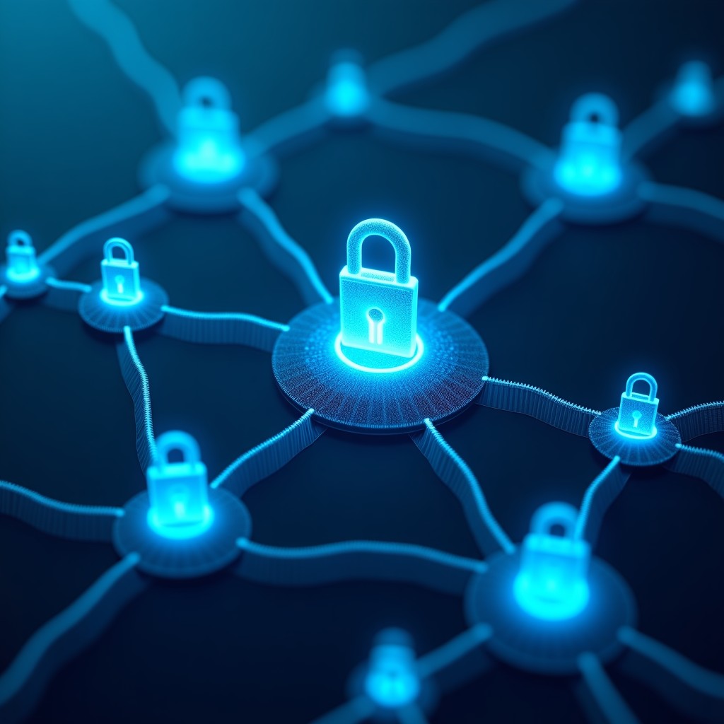 conceptual visualization of a decentralized network with glowing nodes connecting to each other, high tech encryption locks, blue and cyan digital art style, 4:3