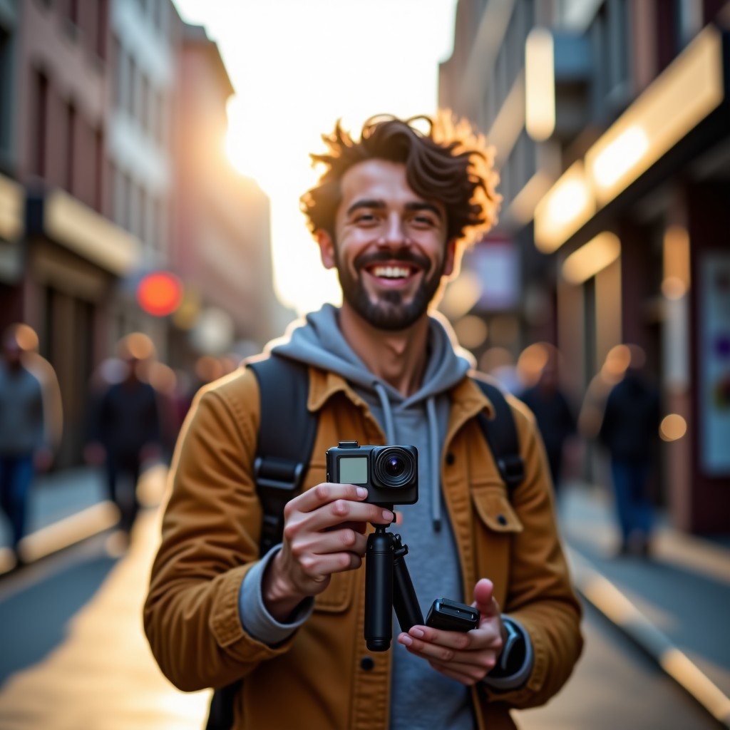 A happy vlogger holding a small action camera with a tripod handle and talking to the lens in a trendy urban street. Bright and warm lighting. 4:3