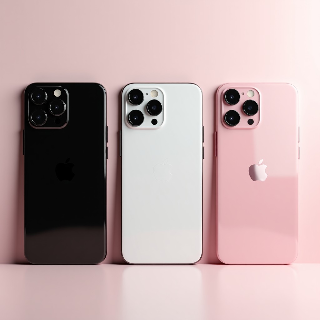 Three smartphones in black white and pastel pink lined up side by side, elegant composition, high quality studio shot, soft shadows, 1:1