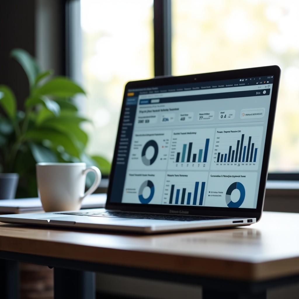 A professional office desk with a laptop displaying various digital marketing charts and CRM software interface, soft sunlight, clean and modern aesthetic, high quality, 4:3 aspect ratio