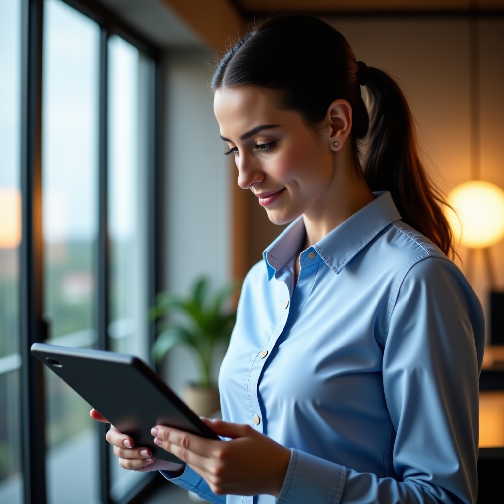 A professional reviewing data on a tablet, focused expression, modern office background, soft warm lighting, 4:3