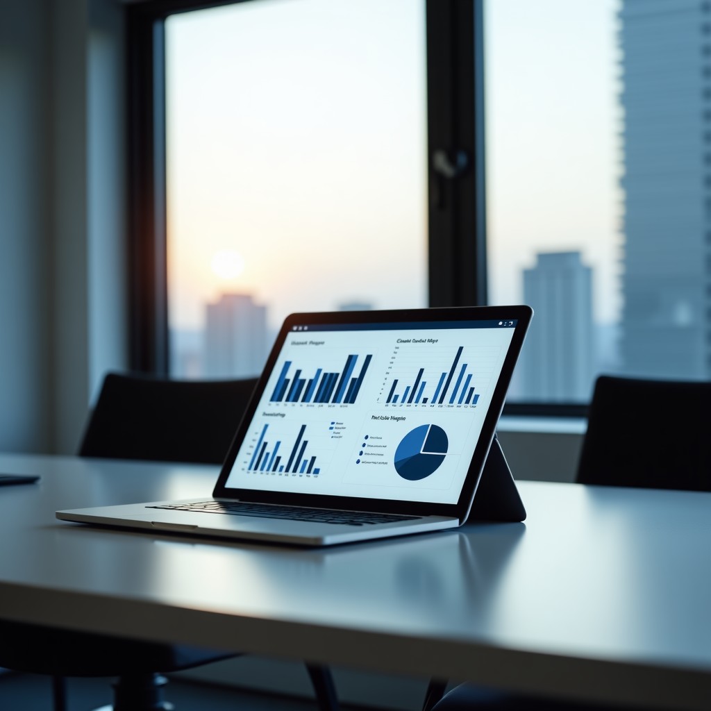A professional office environment with a clean desk and a digital tablet showing analytical charts, soft ambient lighting, modern minimalist style, high resolution, 4:3 aspect ratio.