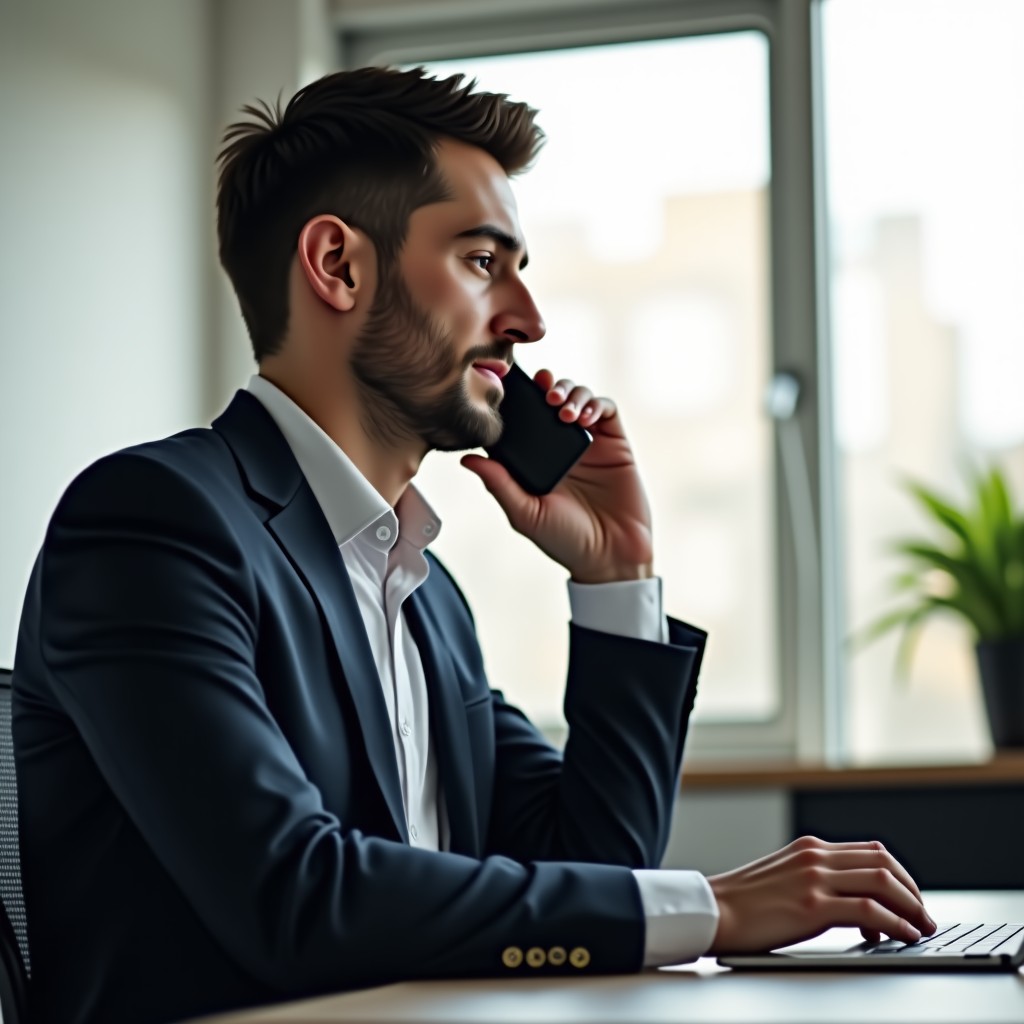 An aesthetic close up shot of a focused entrepreneur making a phone call in a bright minimalist office, natural light, 4:3