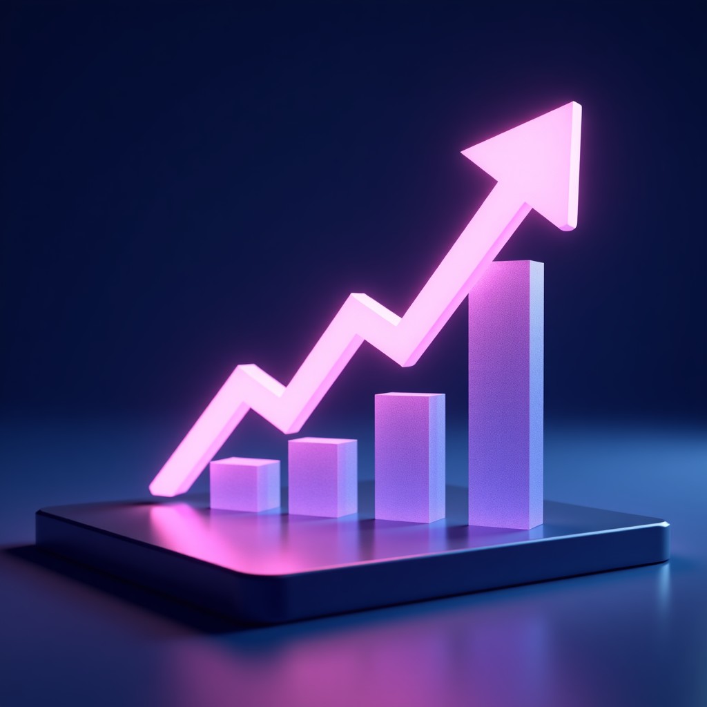 A clean and professional 3D infographic showing a sharp upward arrow trend on a glowing digital display. The color palette is composed of deep purples and blues reflecting a technology brand identity. No text or numbers included. 4:3