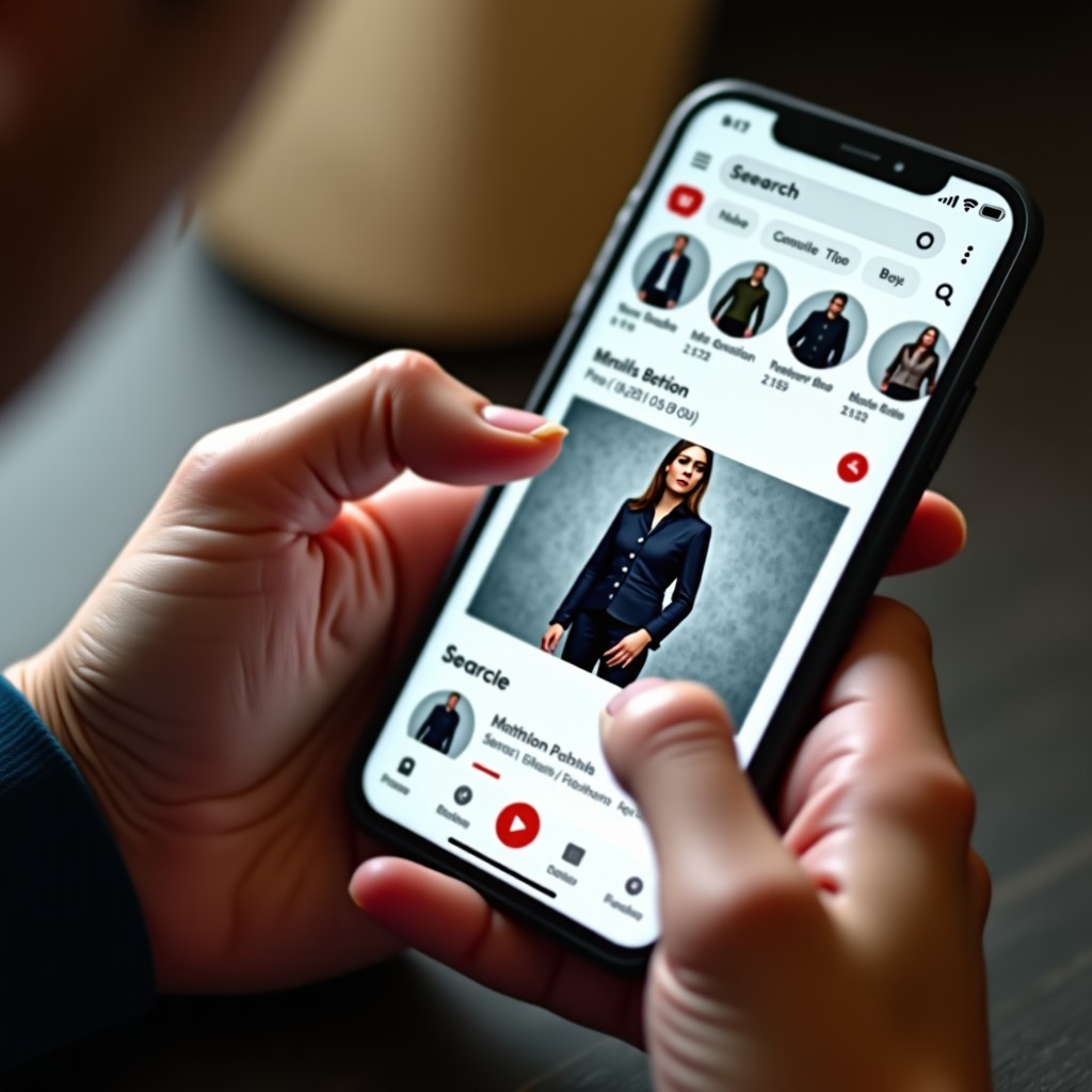 A person using their finger to draw a circle around a stylish jacket on a smartphone screen. A search interface pops up with similar fashion results. High detail, lifestyle photography, 4:3