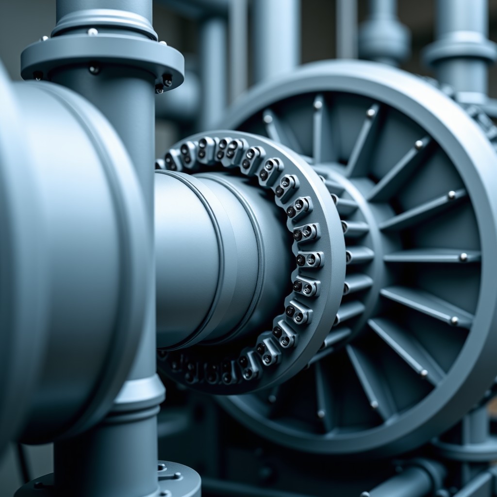 Close up of a natural gas turbine power plant equipment, industrial metallic texture, sharp focus, clean composition, 4:3 aspect ratio