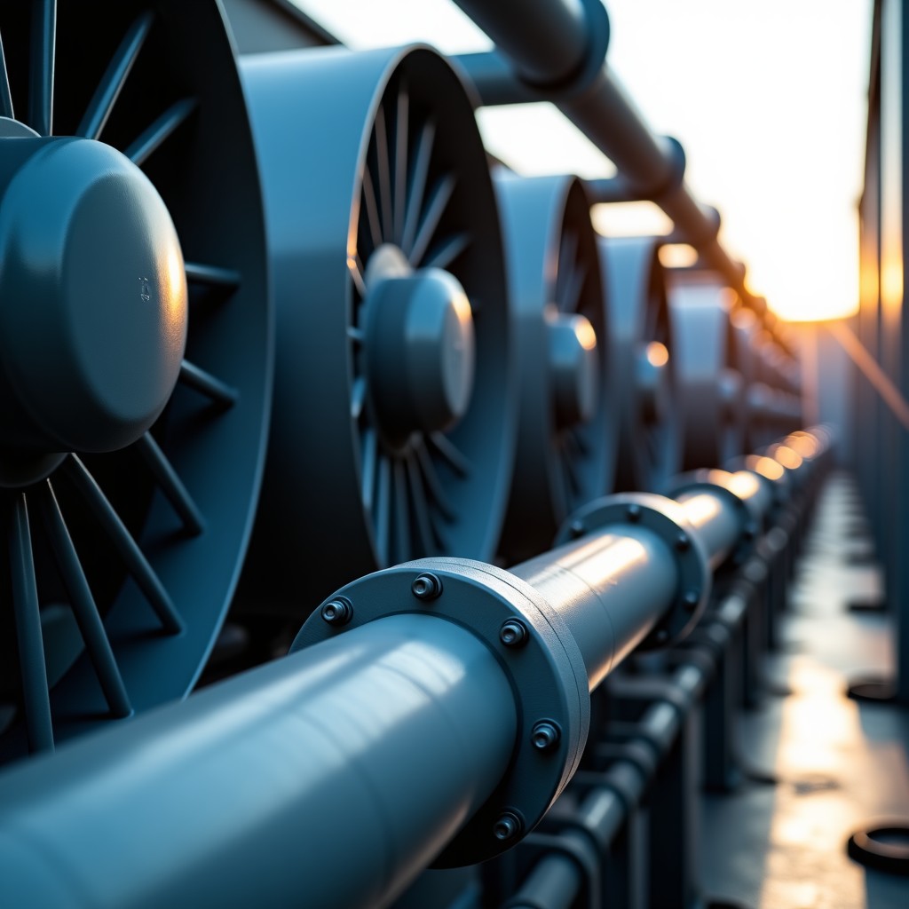Close-up of an industrial water cooling system with large pipes and fans, metallic textures, sunlight hitting the equipment, high quality realistic photography, 1:1