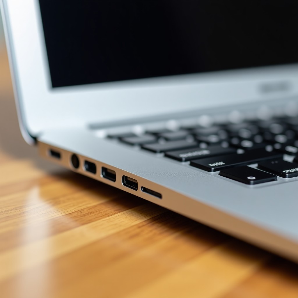 Close up shot of the side ports and keyboard of a modern silver laptop, focusing on the texture of the aluminum, shallow depth of field, 4:3 aspect ratio.