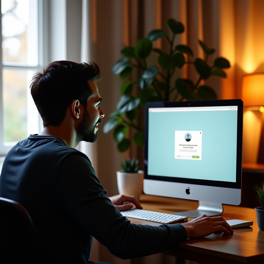 A happy person sitting in a cozy room, looking at a computer screen that shows a fresh OS installation completion message. Natural morning light, warm atmosphere, realistic lifestyle photography, 4:3