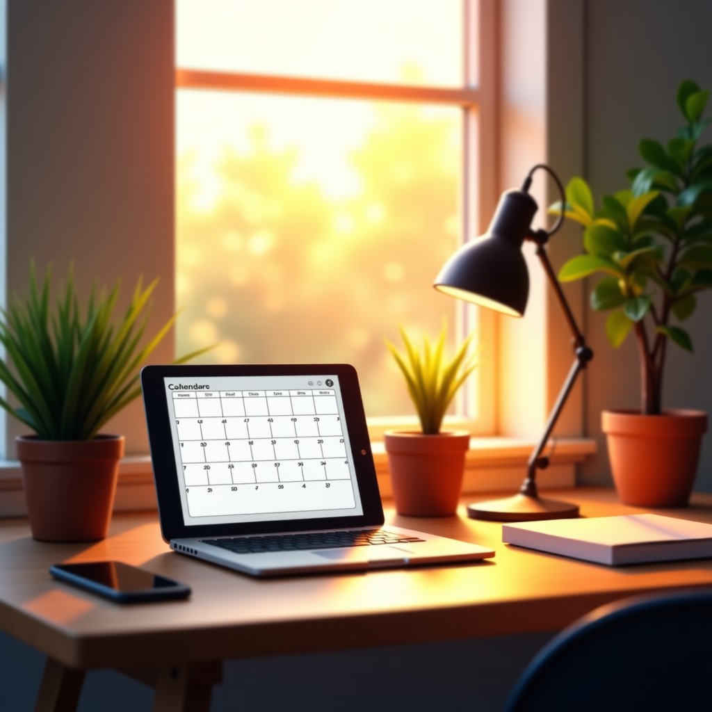A minimalist and aesthetic home office setup during golden hour. A tablet displays a clean calendar and a smartphone shows a task list. Potted plants and a desk lamp create a cozy yet productive vibe. 4:3