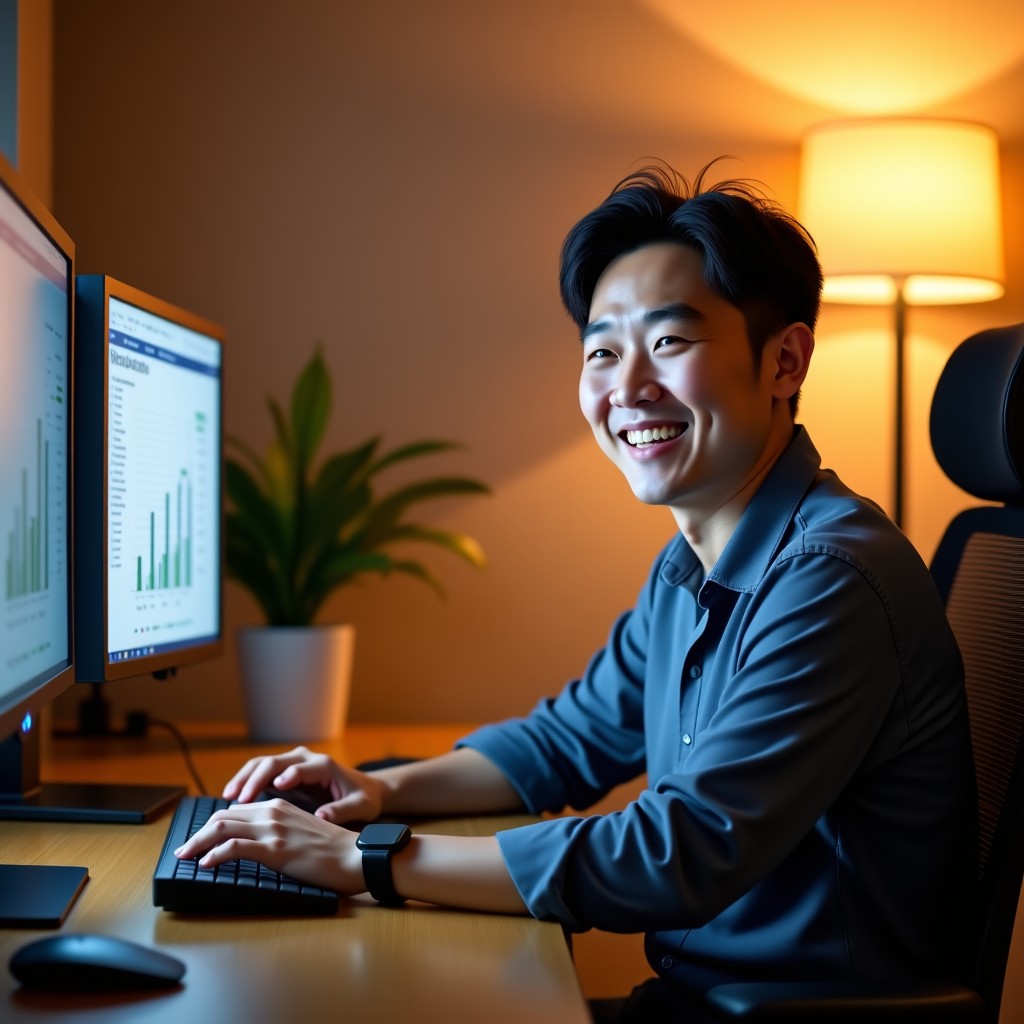 A Korean man sitting in a cozy home office, smiling while looking at two monitors. He looks relaxed and organized. Modern interior design, soft warm lighting, high quality lifestyle photography. 4:3
