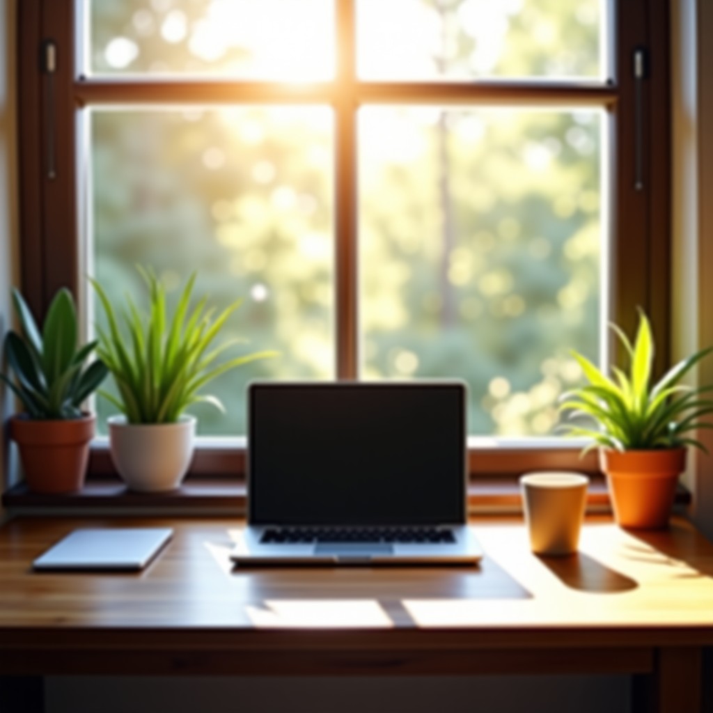 A clean and organized wooden desk with a laptop and a cup of coffee. Warm and natural lighting coming from a large window. 1:1