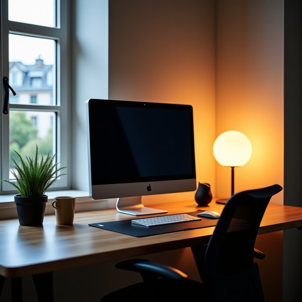 A well-organized modern minimalist desk setup with a computer, smart office, warm ambient lighting, highly detailed and professional, 4:3 aspect ratio.