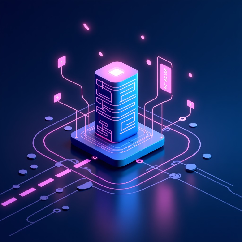 A sleek, modern conceptual illustration of a digital platform experiencing a server outage, abstract data stream interrupted, dark mode aesthetic, vibrant blue and purple neon accents, high-quality digital art, 4:3 ratio.