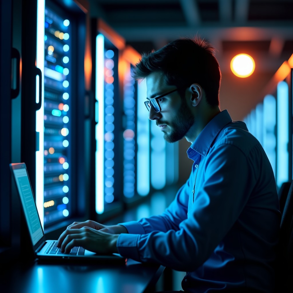An abstract depiction of a software engineer working on system recovery in a high-tech environment, glowing server rack in the background, professional and focused atmosphere, soft cinematic lighting, 4:3 ratio.