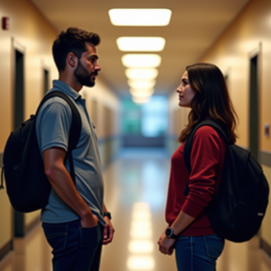 A teacher and a teenage student having a genuine conversation in a high school hallway. Natural expressions, soft bokeh background of the school environment. Realistic style, cinematic lighting, 1:1