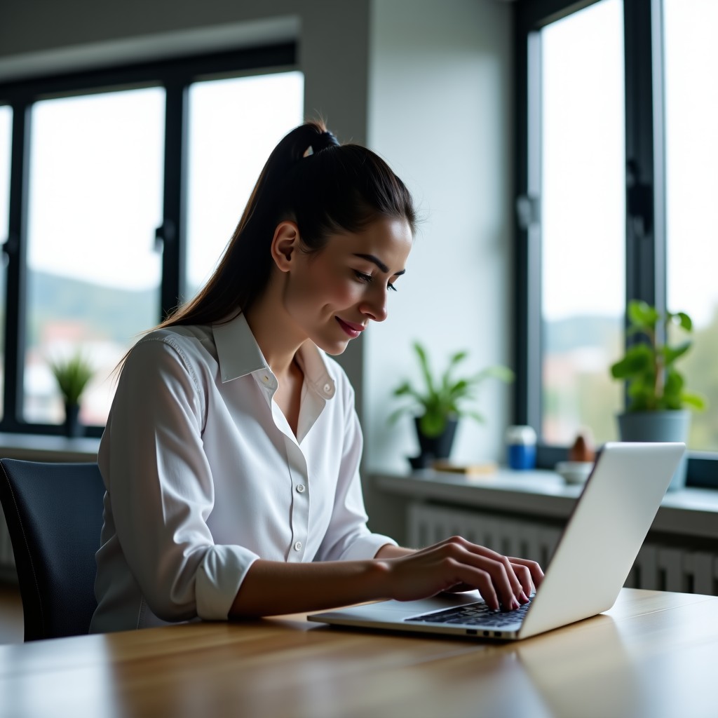 A professional person working in a bright modern office with large windows, using a tablet and a laptop, focused and calm expression, natural daylight, lifestyle photography, high quality, 4:3
