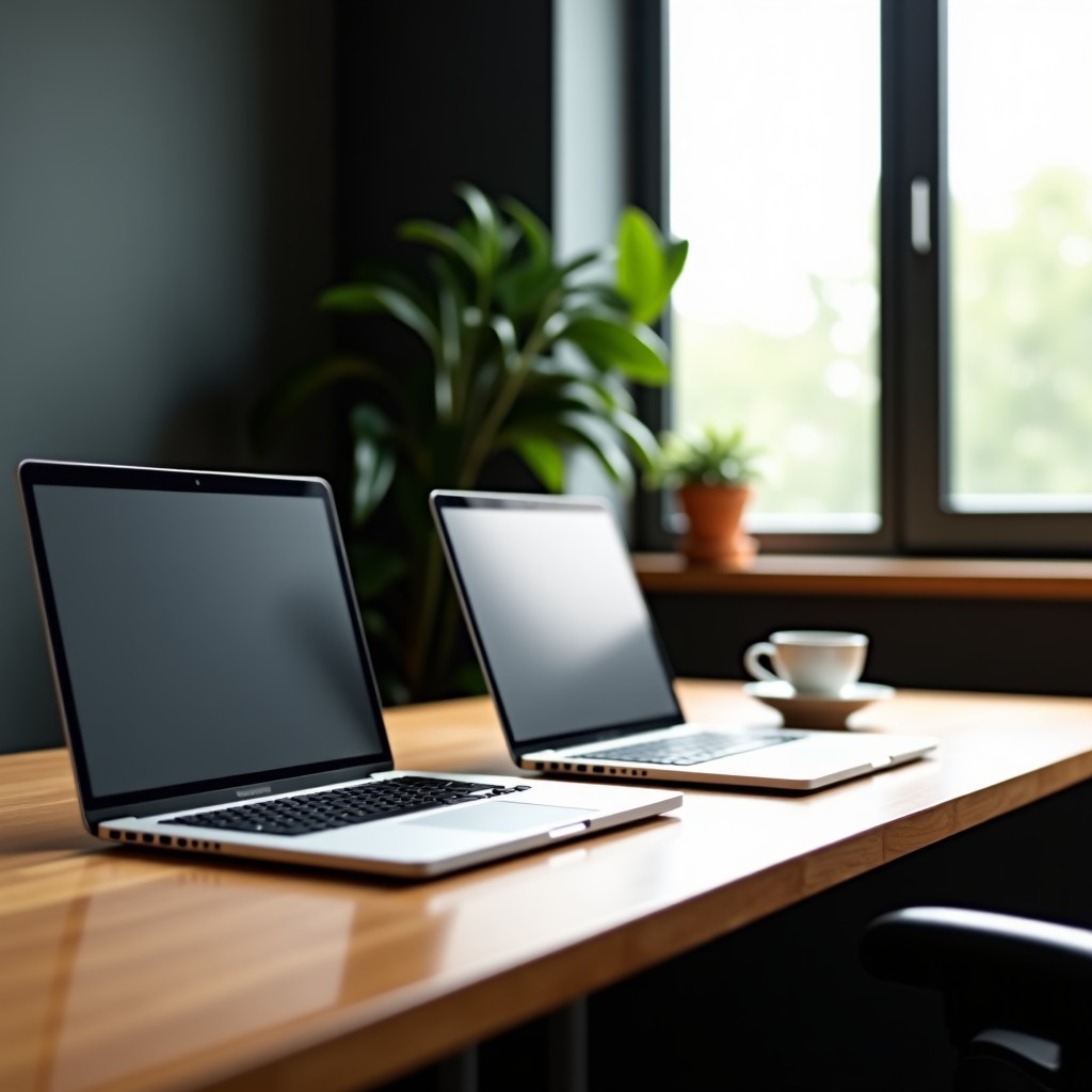 A high-end minimalist workspace featuring a sleek silver laptop and a dark grey laptop side by side on a wooden desk. Natural light coming from a window, a small potted plant, and a cup of coffee nearby. Realistic photography, cinematic lighting, 4:3