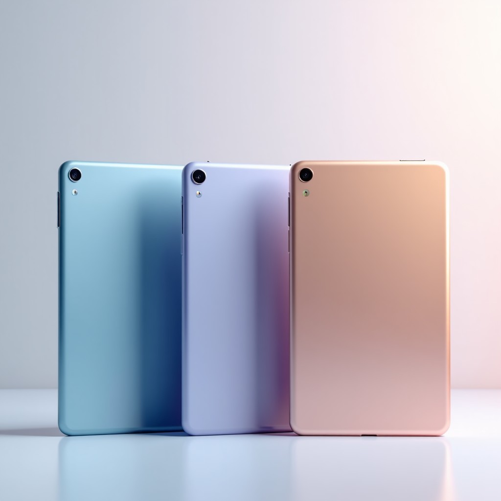 A collection of tablets in different soft pastel colors like light blue, purple, and gold, arranged neatly on a clean surface. The lighting is bright and even, highlighting the smooth texture of the devices. No text. 4:3