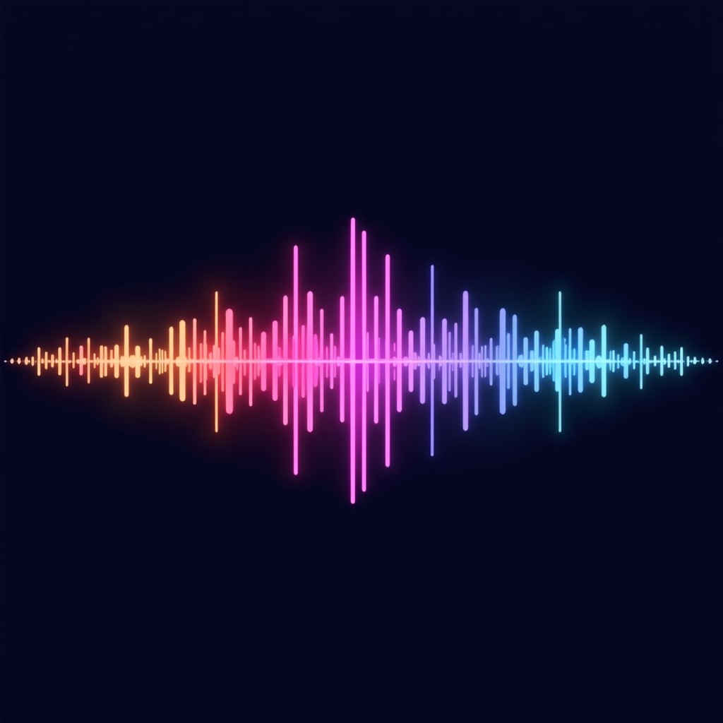 A conceptual digital illustration showing colorful sound waves overlapping with clean source code lines on a dark background. Modern and artistic tech visualization. 4:3