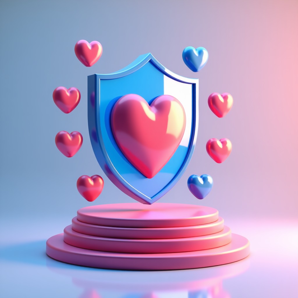 Creative 3D illustration of a shield and a heart symbol combined with social media icons, bright studio lighting, symbolic of trust and digital transparency, centered composition, 4:3
