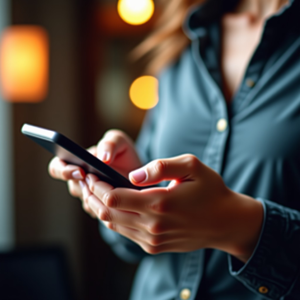 High quality shot of a person using a mobile app with creative interaction elements, soft focus background, modern lifestyle photography, 4:3 ratio.