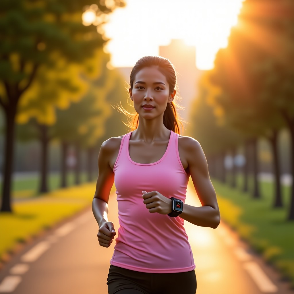 A Korean woman in sportswear jogging in a park while checking her smartwatch morning sunlight vibrant colors lifestyle photography 4:3