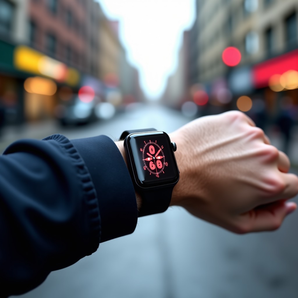 A close up shot of a modern sleek smartwatch with a vibrant digital display on a persons wrist against a blurred urban background lifestyle photography 4:3