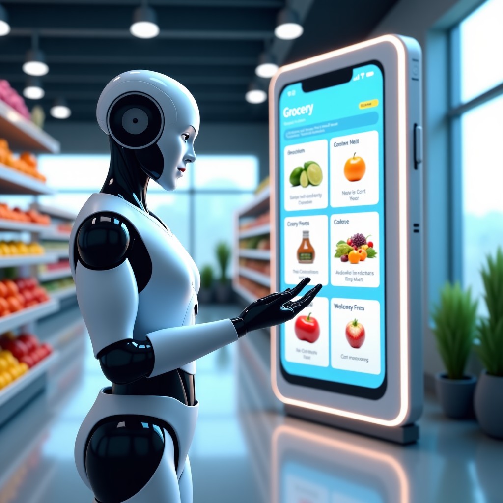 A futuristic concept of an AI assistant interacting with a digital grocery shopping interface, clean modern UI design, hyper-realistic, 4:3
