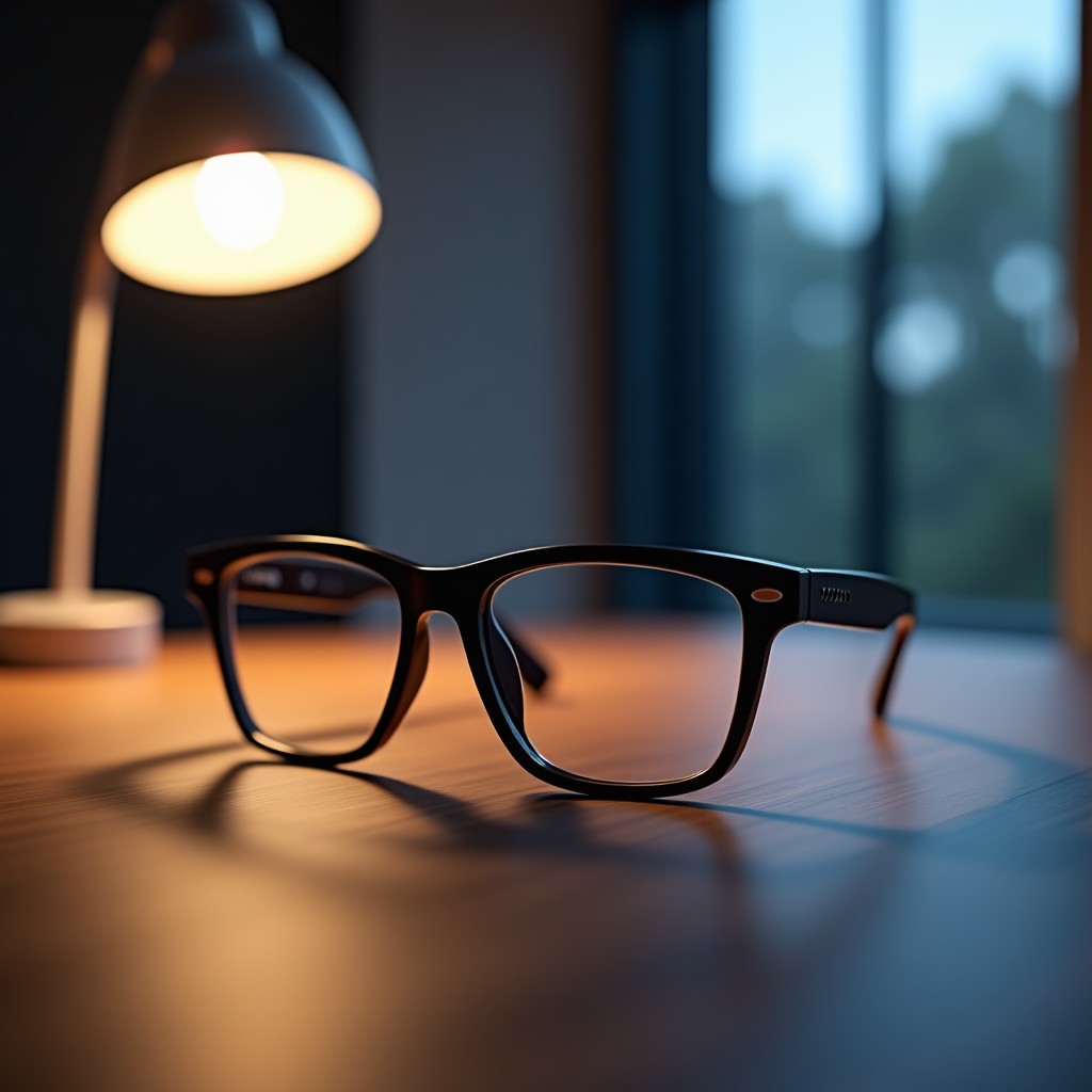 A sleek pair of smart glasses sitting on a modern wooden desk, subtle lens reflection, cinematic lighting, shallow depth of field, high resolution, 4:3 aspect ratio.